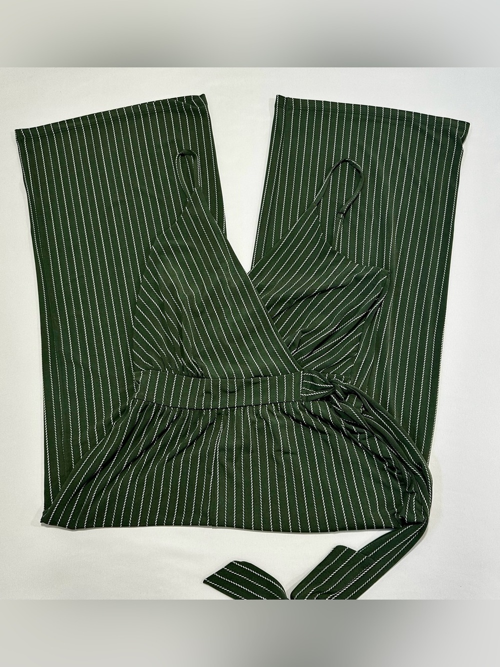 Kaileigh Rica Knit Striped Boho Crop Jumpsuit. Olive Green/White
Size: Small